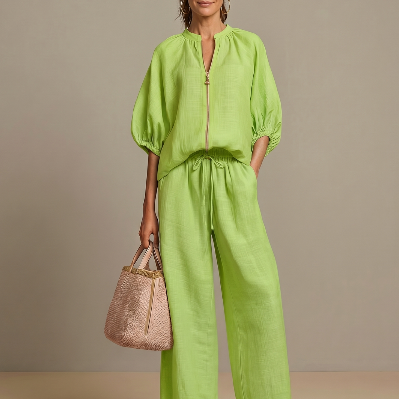 Halrin | Zip Front Blouson Top Wide Leg Set