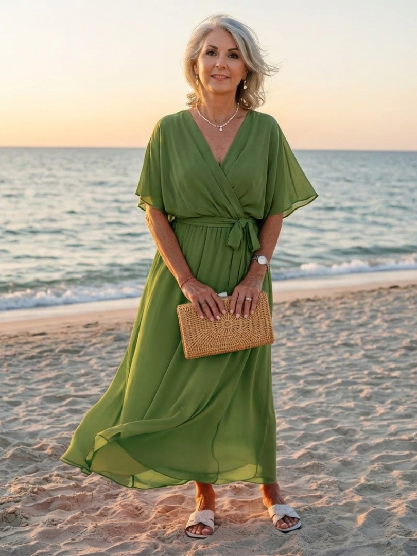 Mirmarie | V Neck Draped Waist Tie Midi Dress