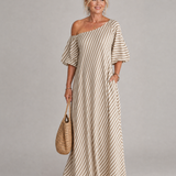 Faela | Striped Off Shoulder Puff Sleeve Midi Dress
