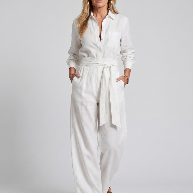 Marenney | Long Sleeve Button Front Wide Leg Jumpsuit