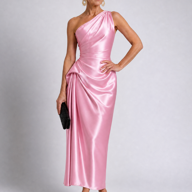 Celna | One Shoulder Draped Satin Midi Dress