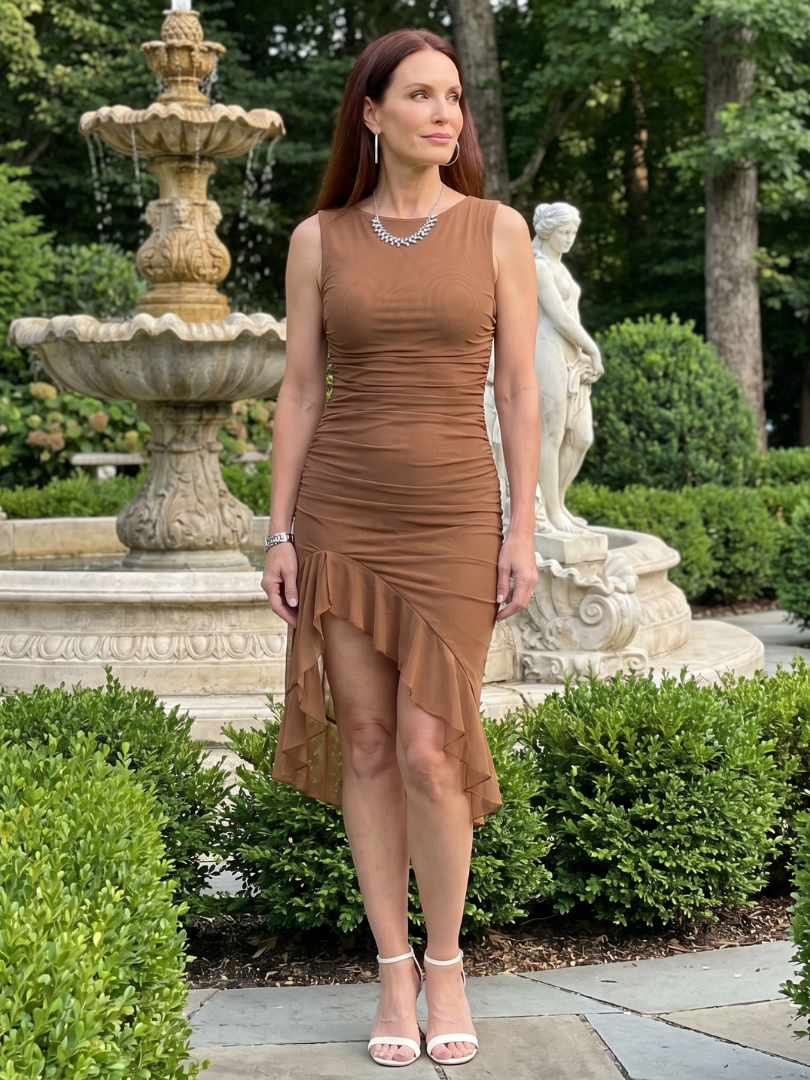 Brila | Sleeveless Fitted Ruched Texture Midi Dress