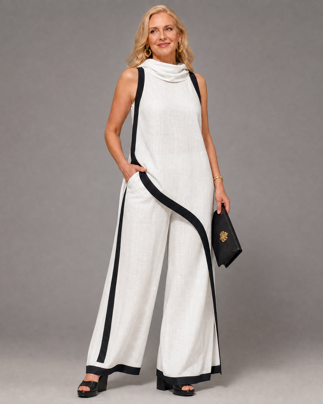 Tovarina | Contrast Trim Sleeveless Layered Top And Wide Leg Pants Set