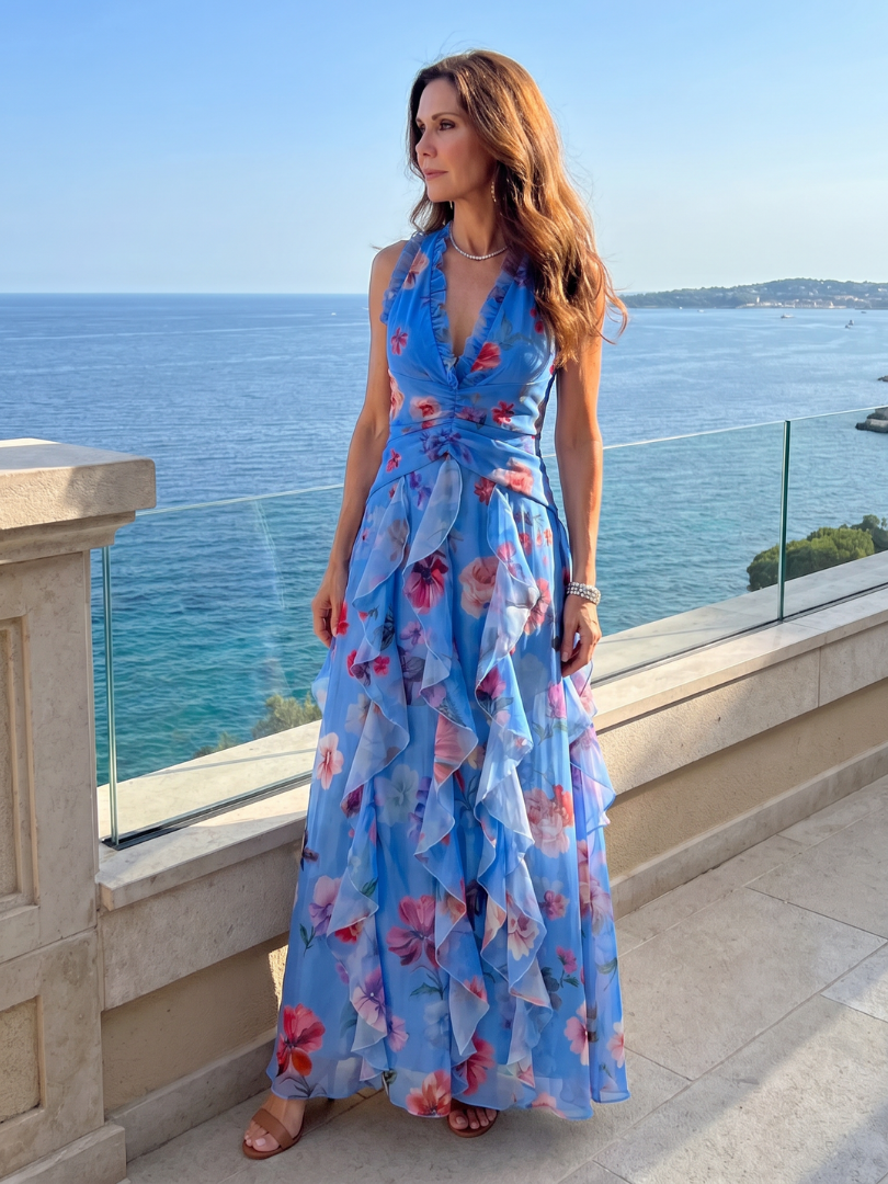 Liabeth | Halter Neck Ruched Bodice Floral Maxi Dress