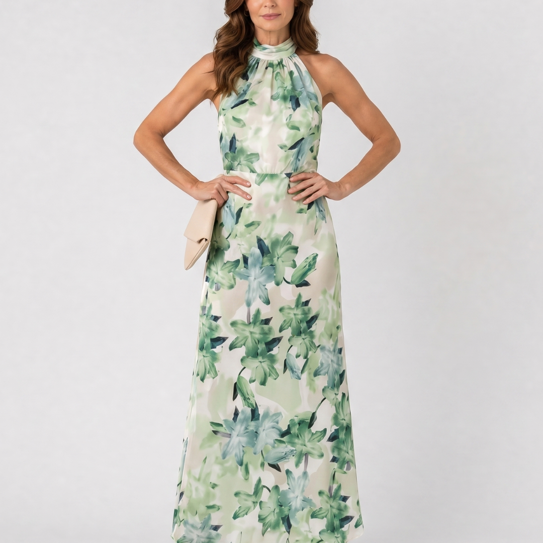 Hilandra | Botanical Print Halter Neck Flowing Midi Dress