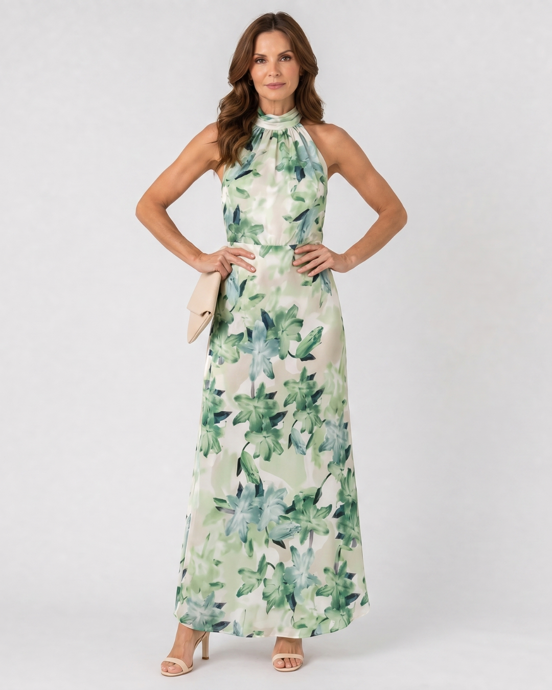 Hilandra | Botanical Print Halter Neck Flowing Midi Dress