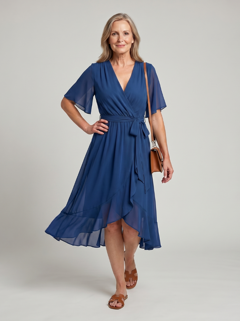 Tamsinlia | Short Sleeve Wrap Soft Flowing Hem Midi Dress