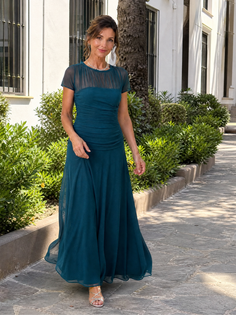 Orlalora | Mesh Yoke Ruched Maxi Dress