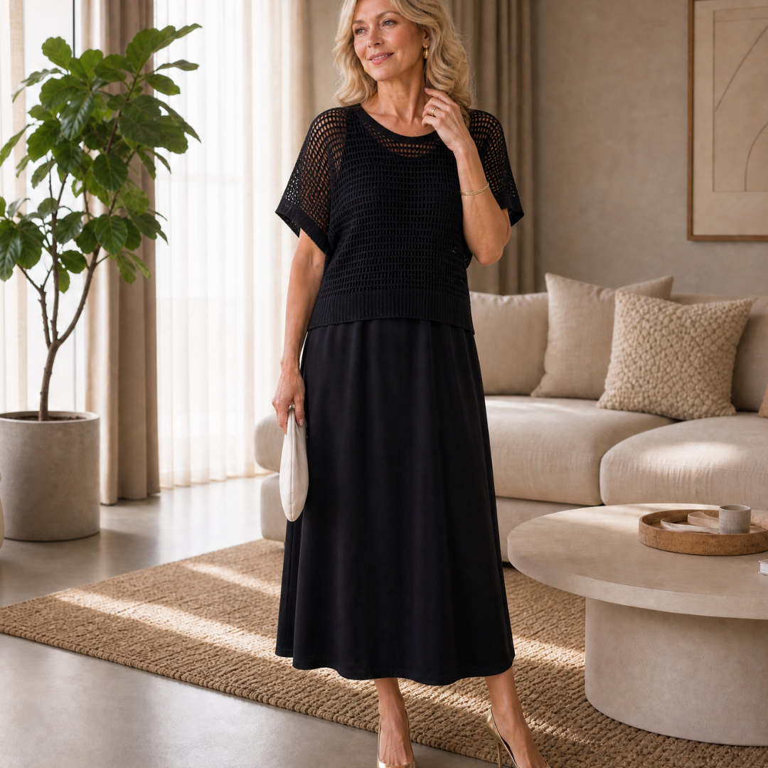 Perndra | Open Knit Top And Flowing Midi Dress Set