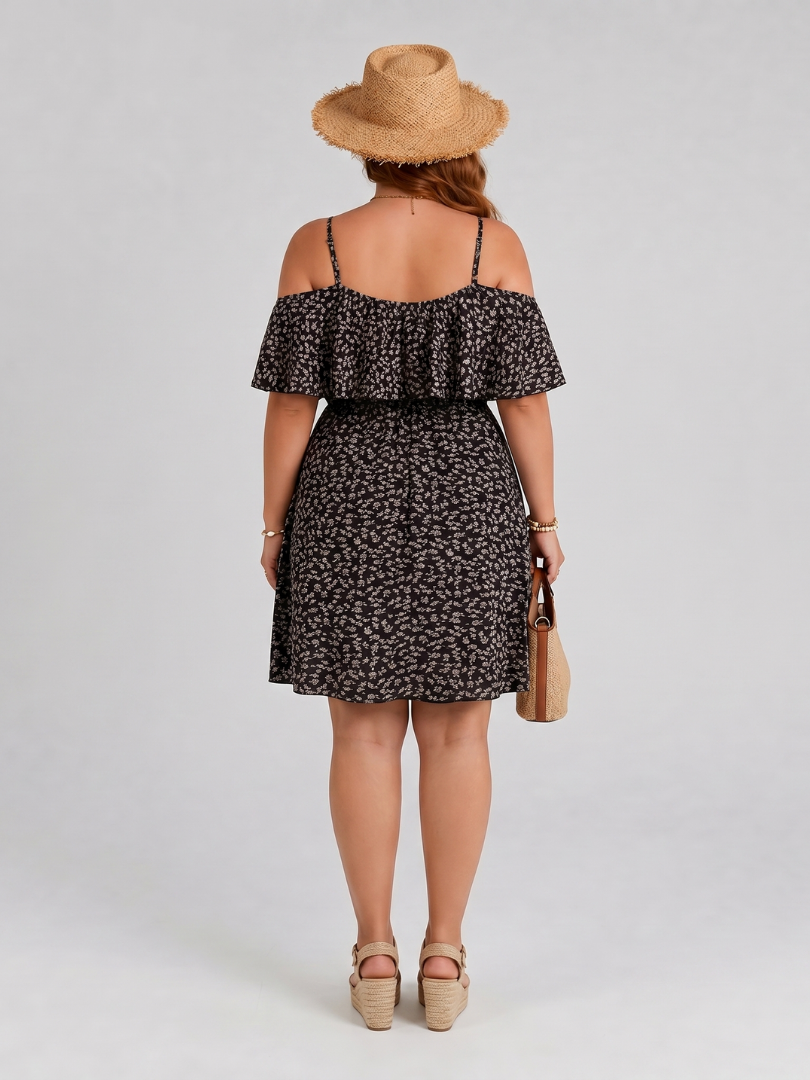 Lilana | Cold Shoulder Ruffle Overlay Knee Length Dress
