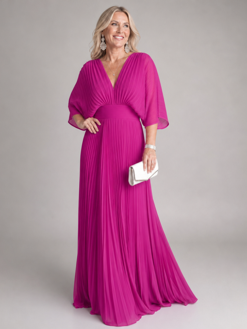 Isawen | V Neck Long Sleeve Pleated Maxi Dress