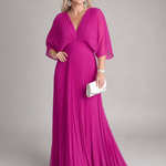 Isawen | V Neck Long Sleeve Pleated Maxi Dress