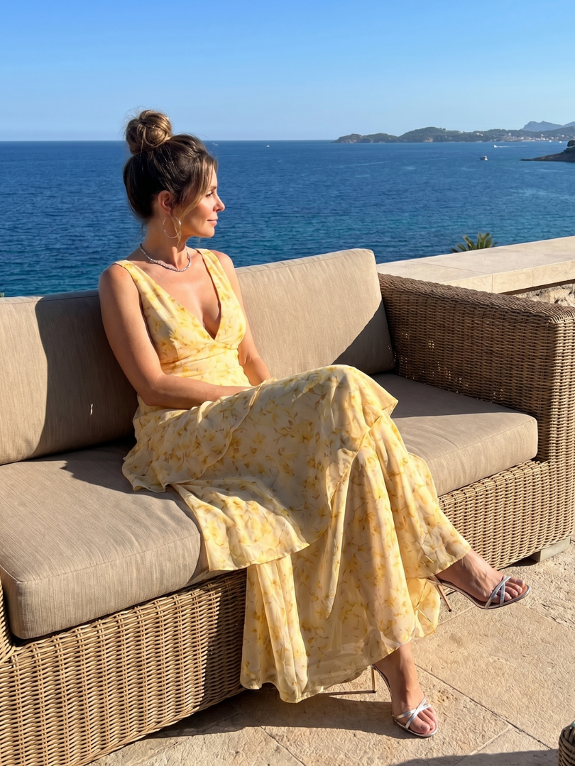 Sabda | Deep V Sleeveless Painterly Pattern Midi Dress