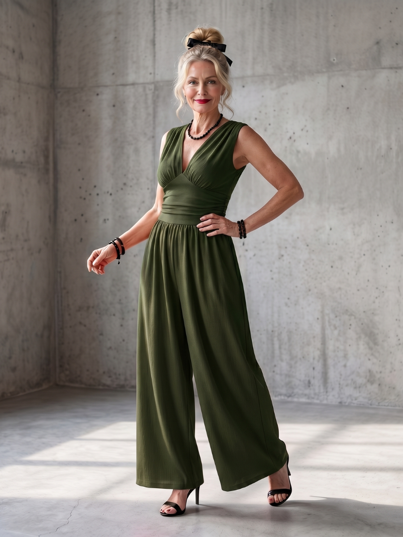Renna | Deep V Waist Defined Wide Leg Jumpsuit