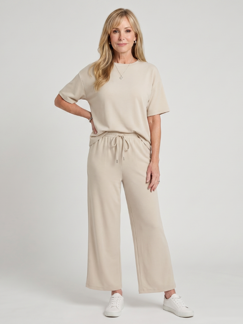 Wilnia | Short Sleeve Drawstring Waist And Straight Leg Pants Set