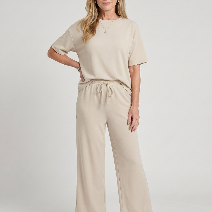 Wilnia | Short Sleeve Drawstring Waist And Straight Leg Pants Set