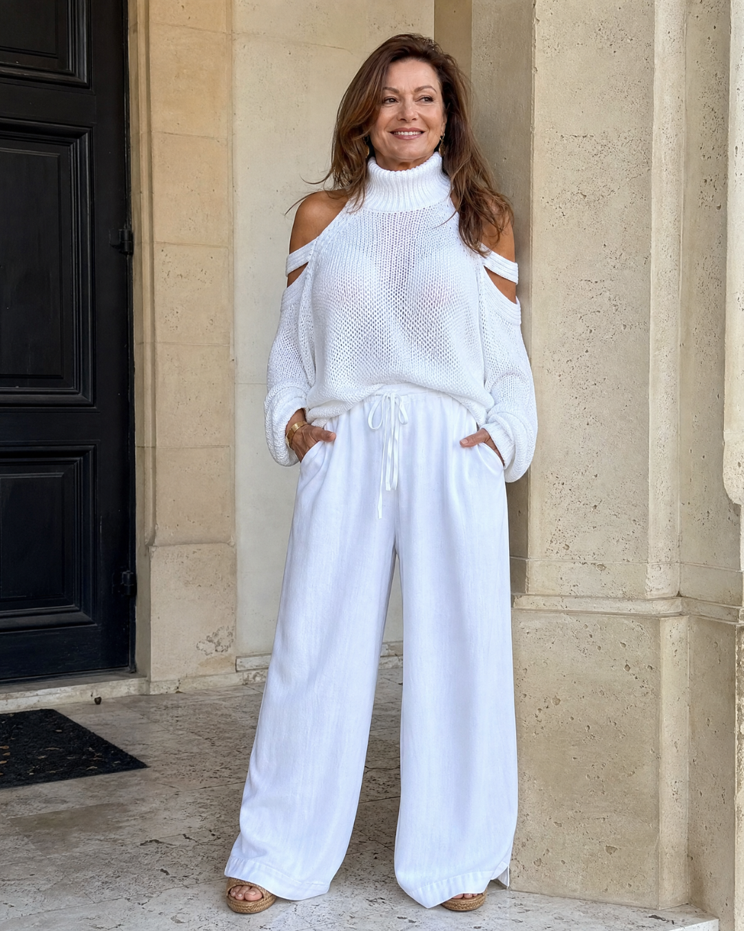 Perthea | Cold Shoulder Knit Sweater Wide Leg Pants Set