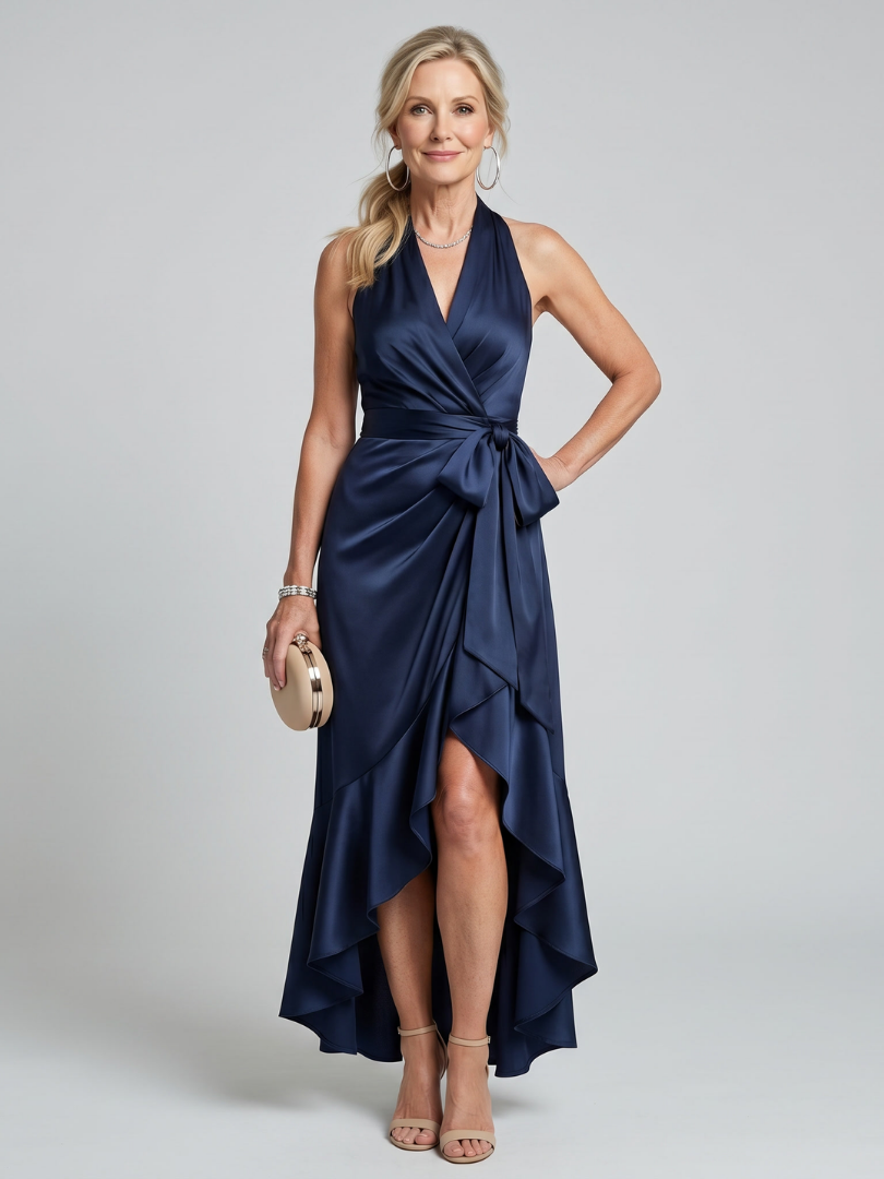 Mirwyn | Halter Neck Wrap Asymmetric Hem Midi Dress