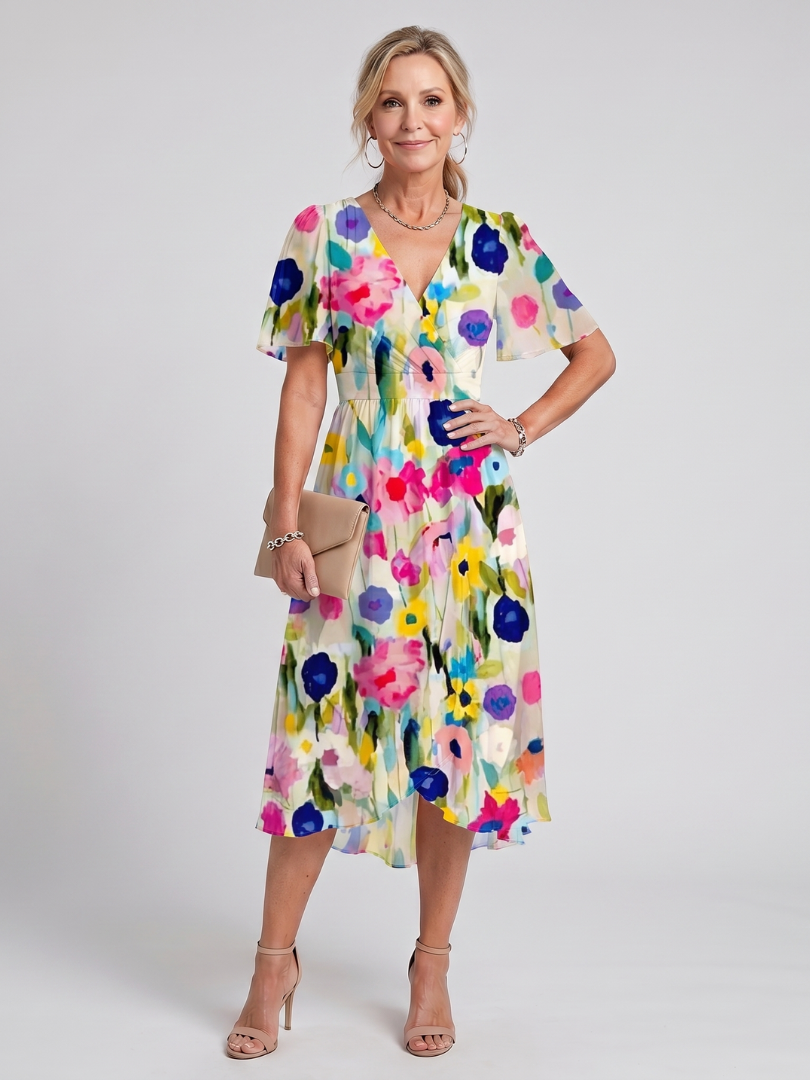 Daldra | Flutter Sleeve Gathered Waist Floral Print Midi Dress
