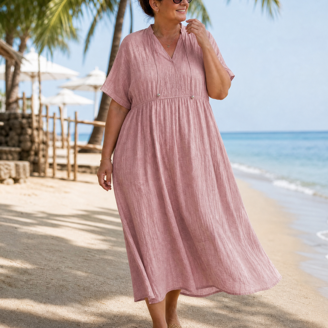 Thallyn | Textured V Neck Relaxed Short Sleeve Midi Dress