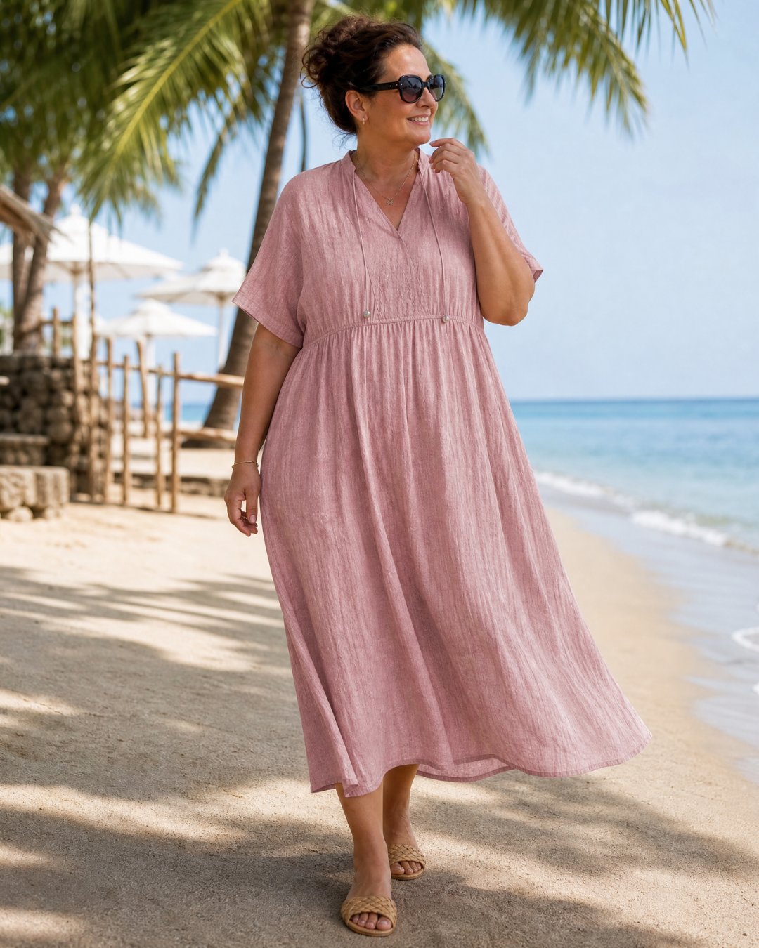 Thallyn | Textured V Neck Relaxed Short Sleeve Midi Dress