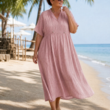 Thallyn | Textured V Neck Relaxed Short Sleeve Midi Dress