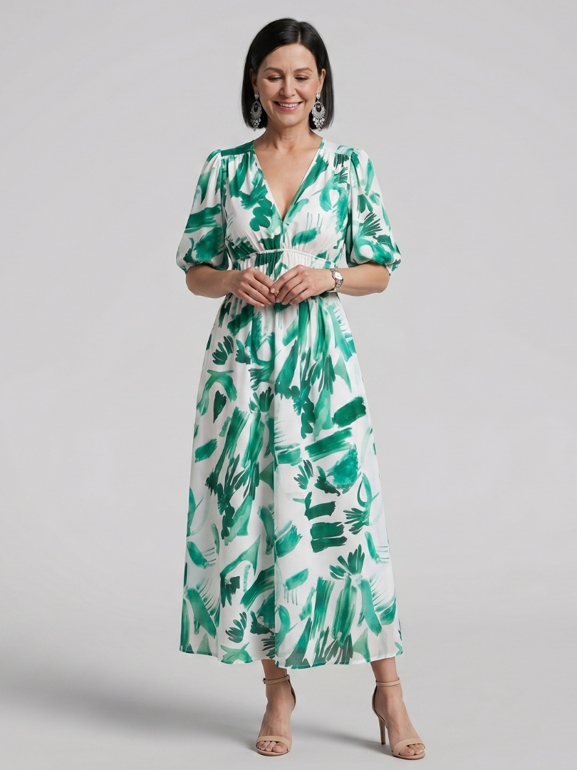 Larette | Puff Sleeve V Neck Abstract Print Midi Dress