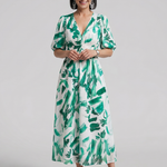Larette | Puff Sleeve V Neck Abstract Print Midi Dress