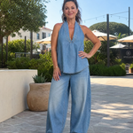 Tallyn | Halter Neck Denim Top And Wide Leg Pants Set