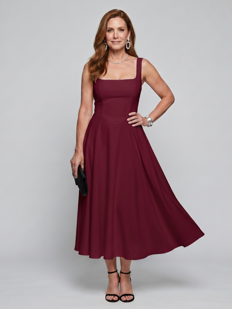 Dalbelle | Sleeveless Square Neck Flared Skirt Midi Dress