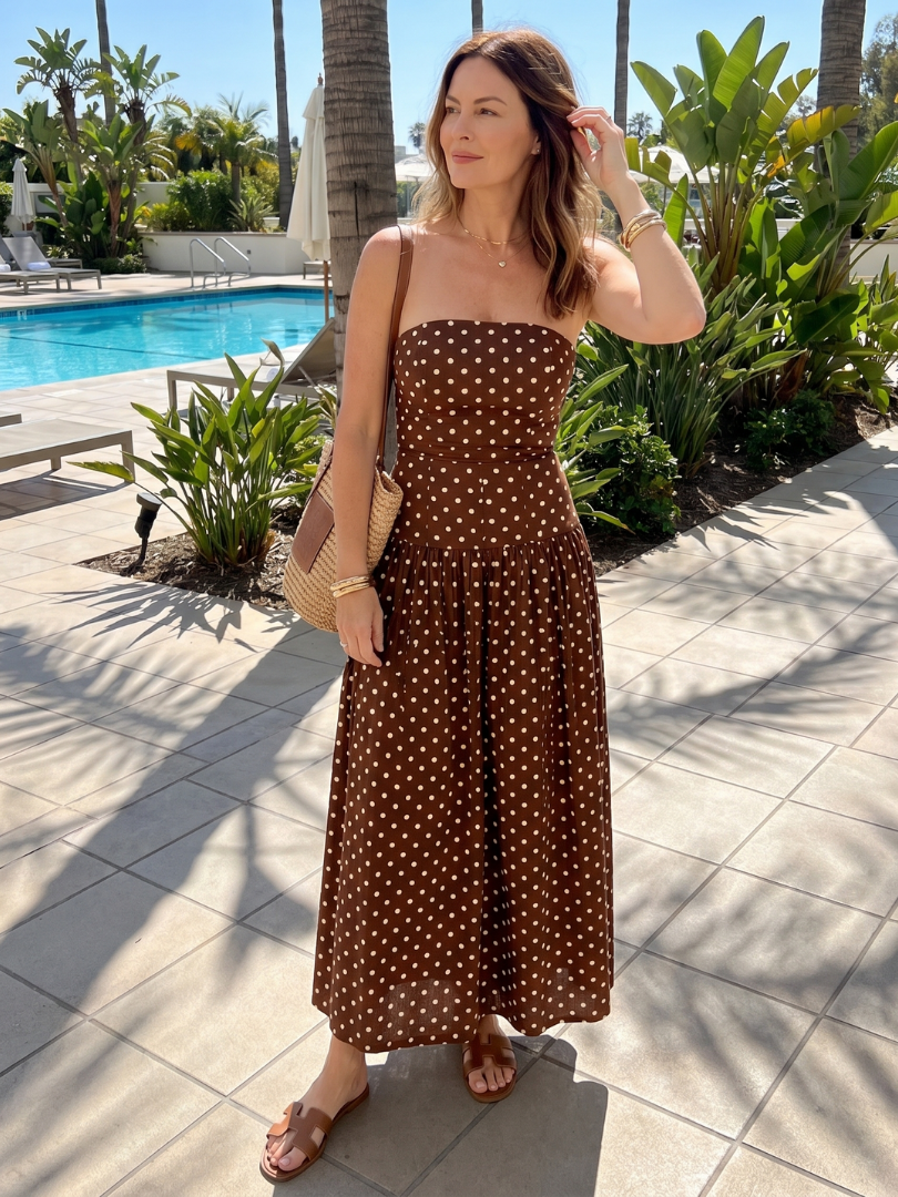 Romisette | Strapless Polka Dot Pattern Midi Dress