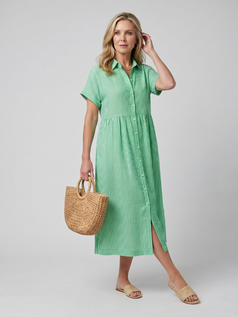 Roslora | Short Sleeve Stripe Pattern Midi Dress