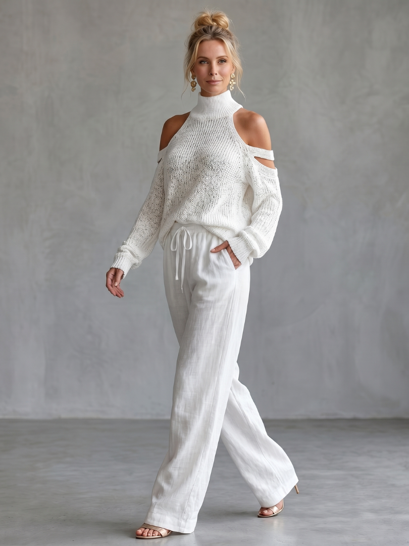 Dahlette | Open Shoulder Knit Top And Wide Leg Pants Set