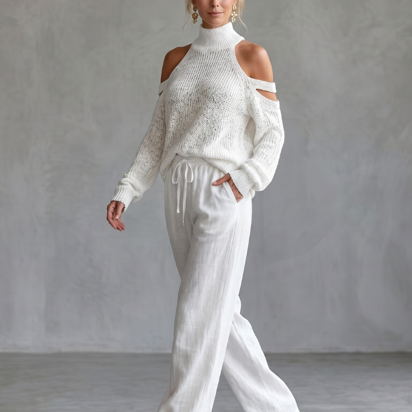 Dahlette | Open Shoulder Knit Top And Wide Leg Pants Set