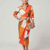 Dahine | Long Sleeve Collared Wrap Stripe Pattern Midi Dress