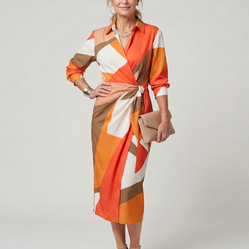 Dahine | Long Sleeve Collared Wrap Stripe Pattern Midi Dress