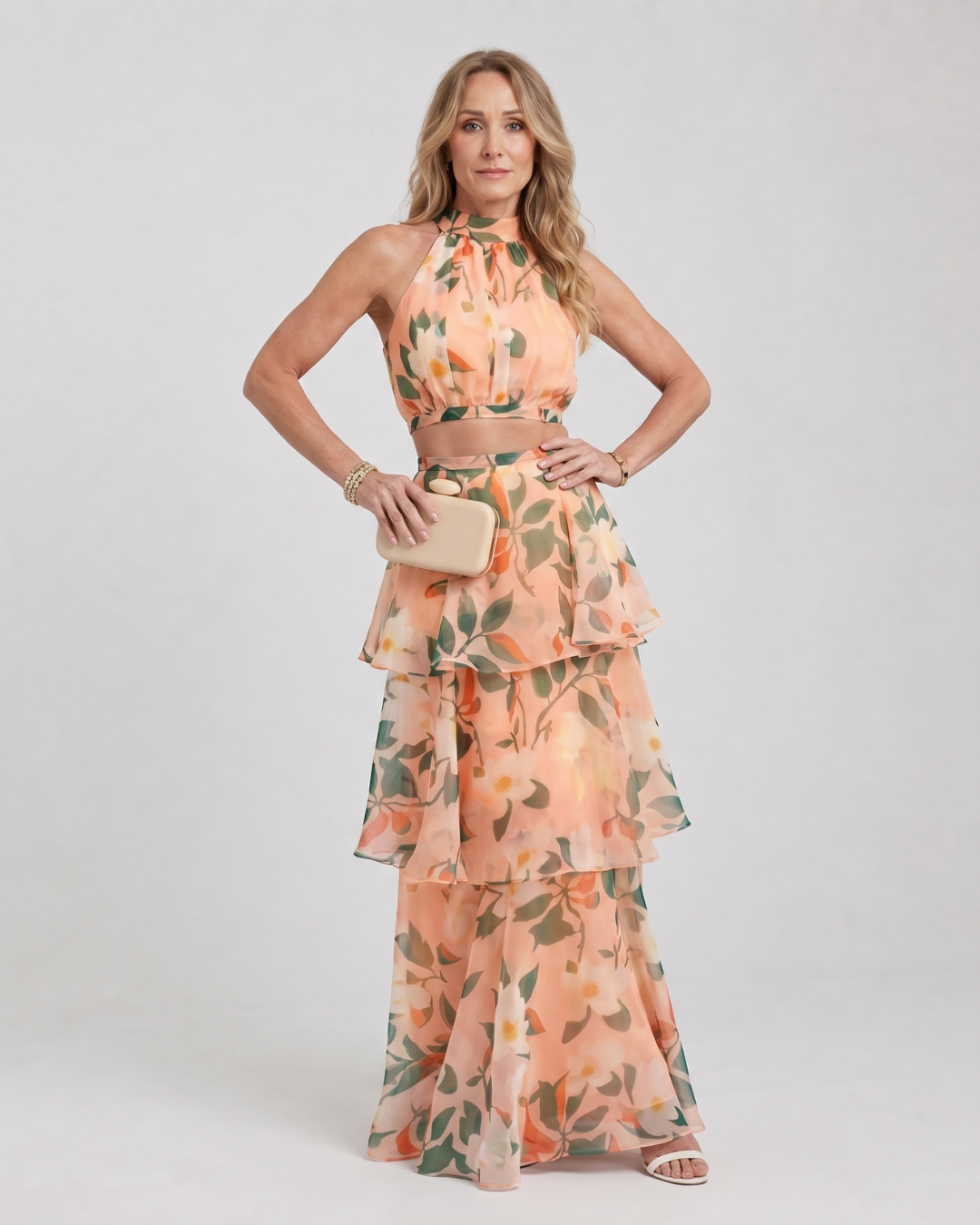 Vellora | Natural Floral Halter Cutout Tiered Maxi Dress