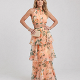 Vellora | Natural Floral Halter Cutout Tiered Maxi Dress