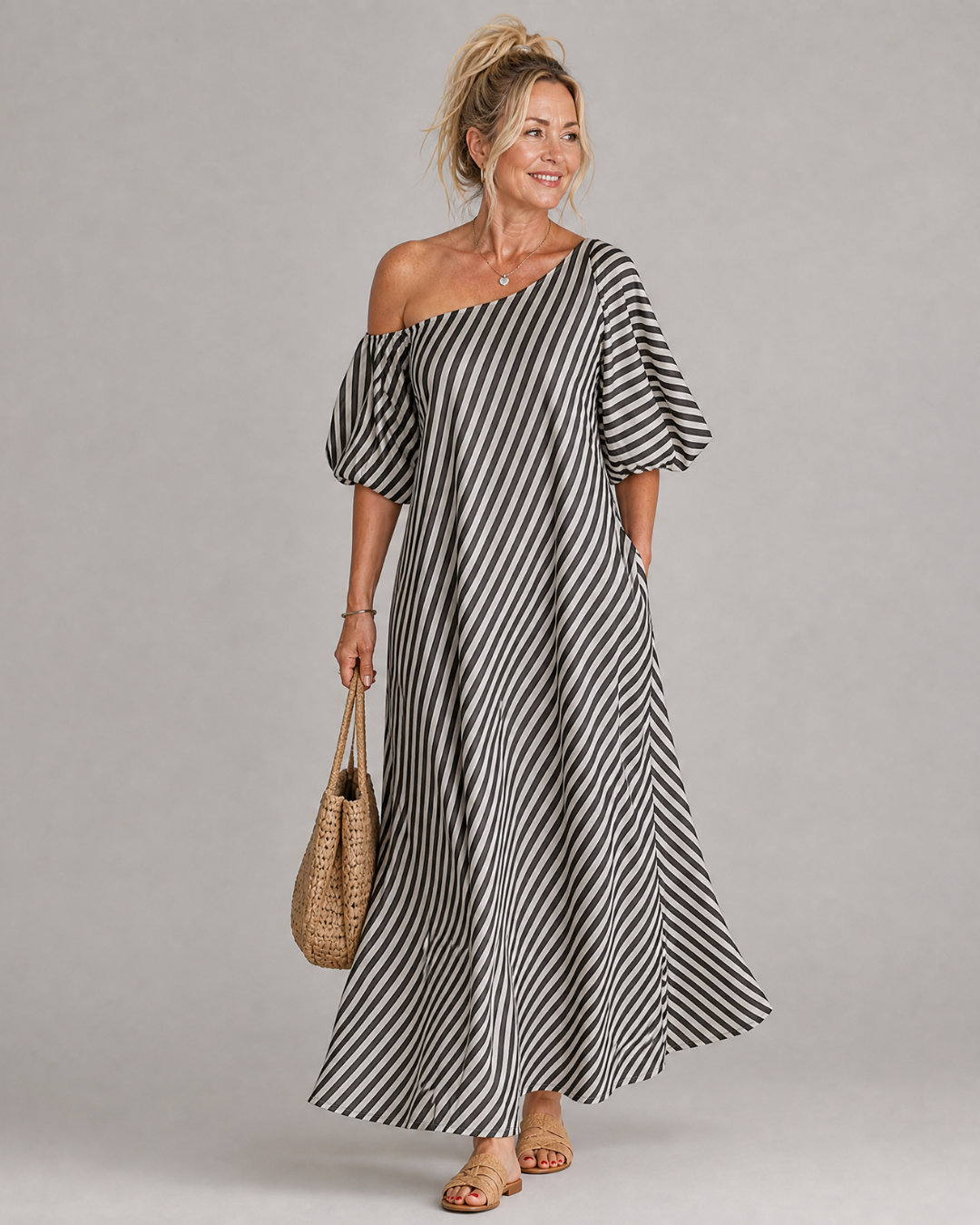 Faela | Striped Off Shoulder Puff Sleeve Midi Dress