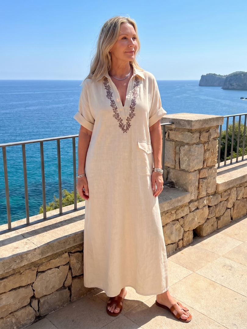 Kalthea | Short Sleeve V Neck  Embroidered Detail Midi Dress