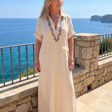 Kalthea | Short Sleeve V Neck  Embroidered Detail Midi Dress