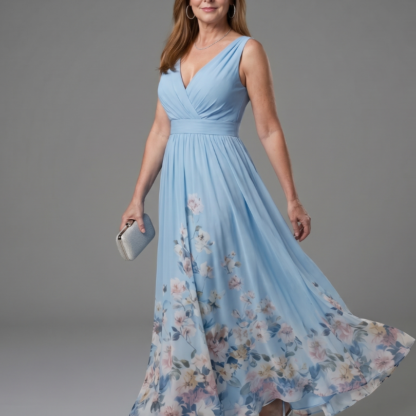 Laemarie | Sleeveless V Neck Soft Floral Hem Midi Dress
