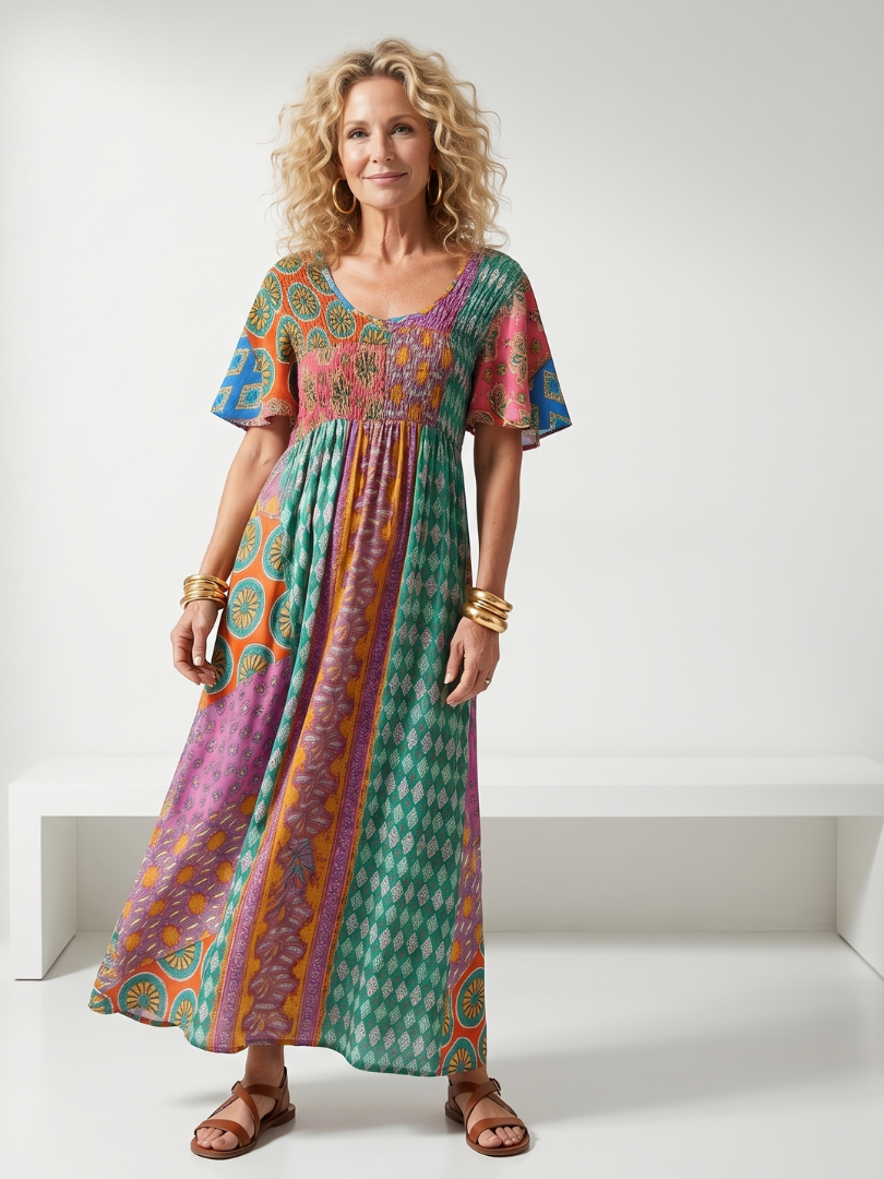 Gretandra | Mixed Print Short Sleeve Midi Dress
