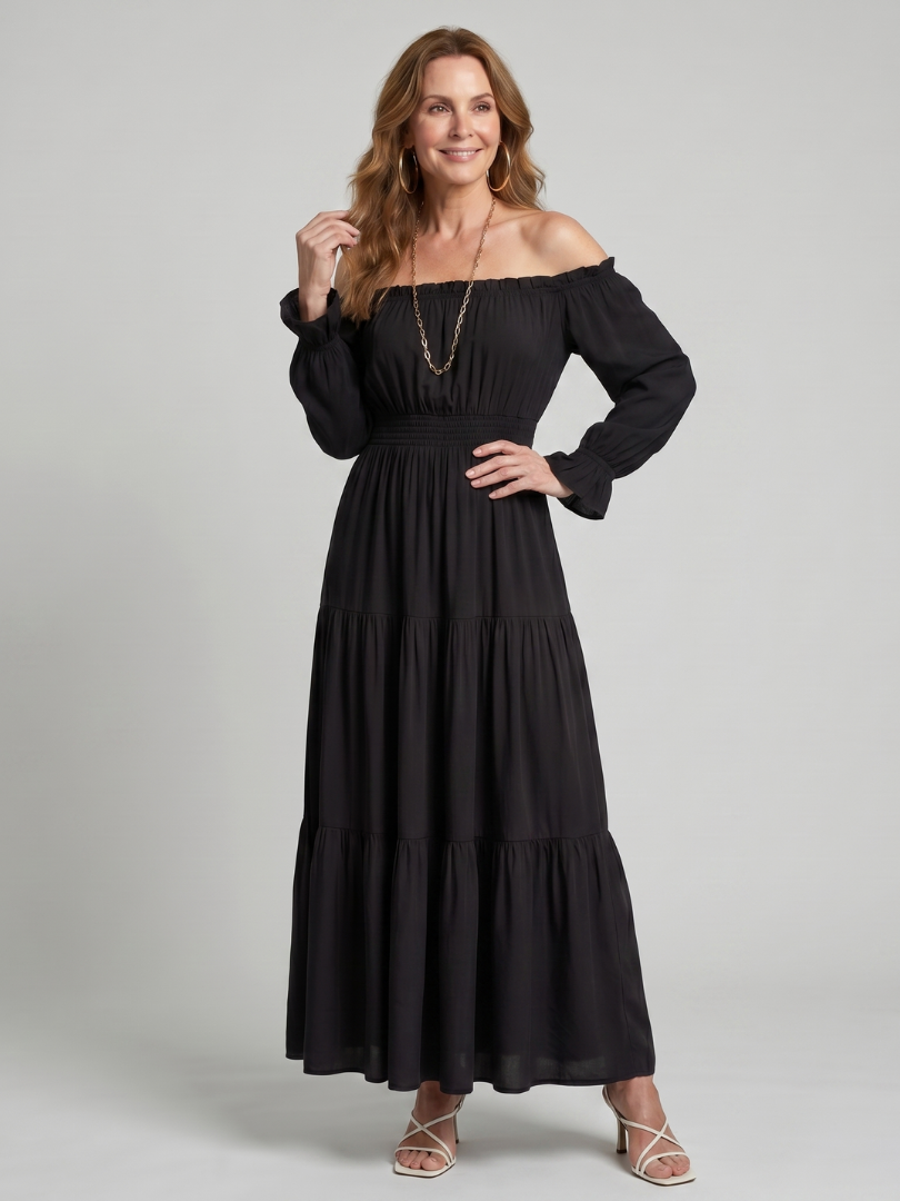 Sennarin | Off Shoulder Side Slit Midi Dress