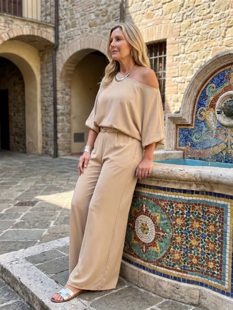 Rosetta | One Shoulder Wide Sleeve Top And Wide Leg Pants Set