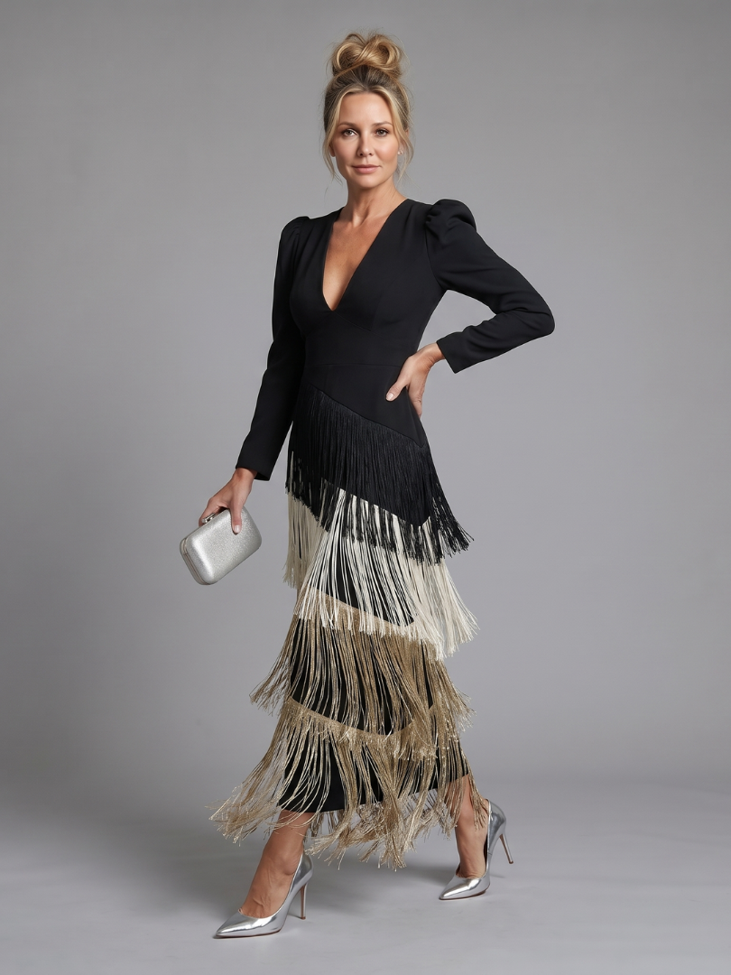 Milbeth | Long Sleeve Soft Fringe Skirt Midi Dress