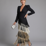 Milbeth | Long Sleeve Soft Fringe Skirt Midi Dress