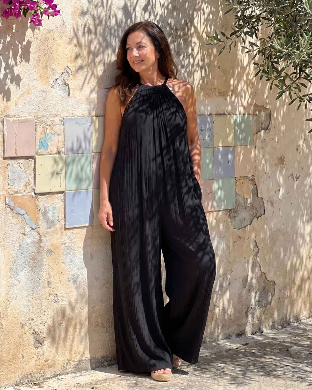 Gretabeth | Pleated Halter Neck Wide Leg Relaxed Jumpsuit