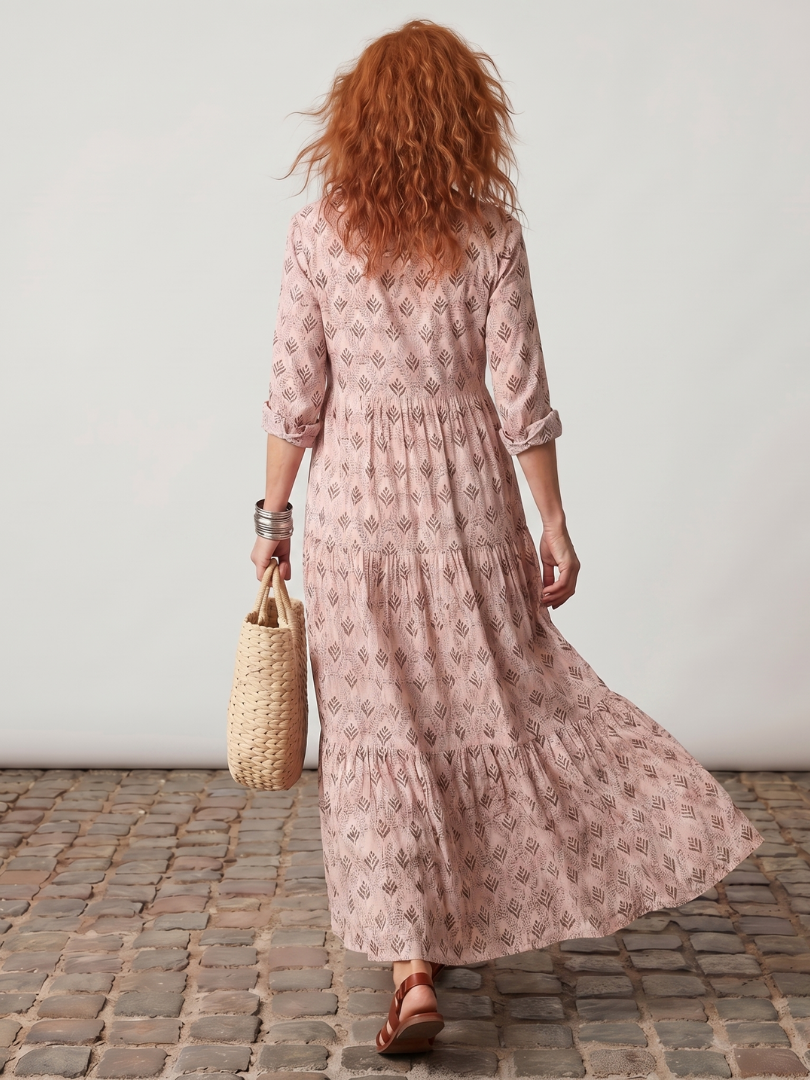 Teswen | Notch Neck Printed Long Sleeve Maxi Dress