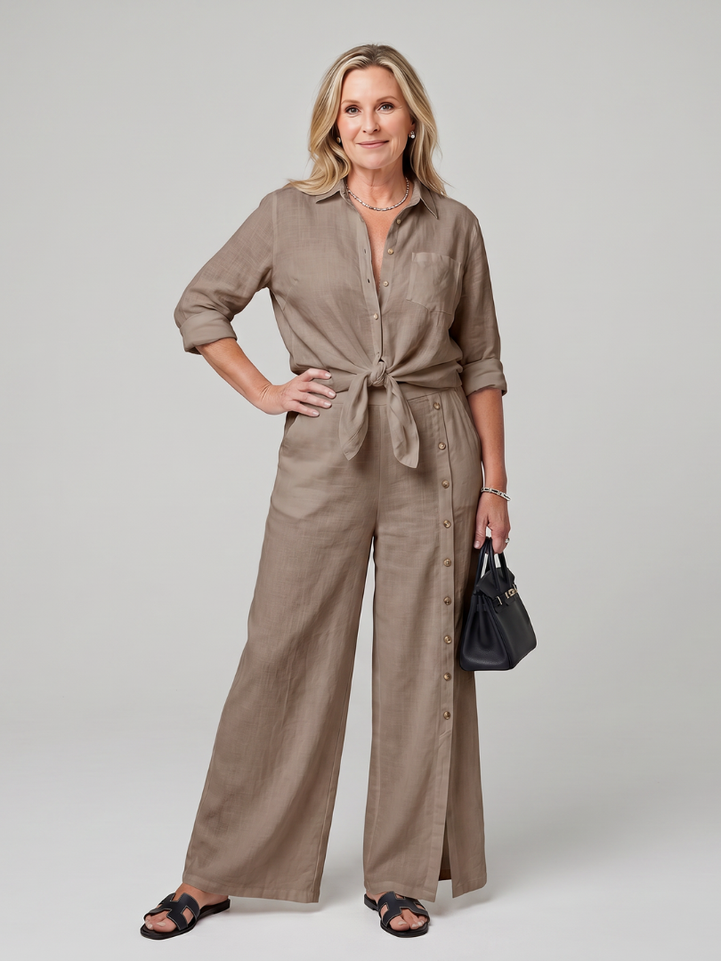 Veslora | Long Sleeve Tie Front Top And Wide Leg Pants Set